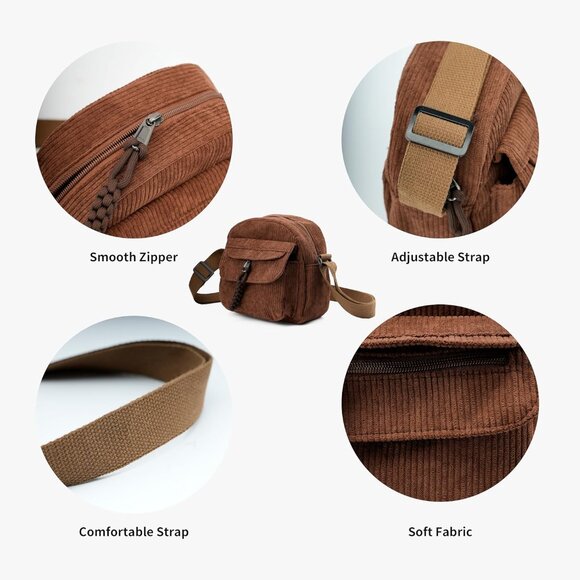 Small Brown Corduroy Crossbody Bag Mini Shoulder Purse with Zipper Pockets - Picture 3 of 6